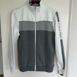 Calvin Klein Mens Full Zip Up Jacket Stand Up Collar White & Grey Size Small